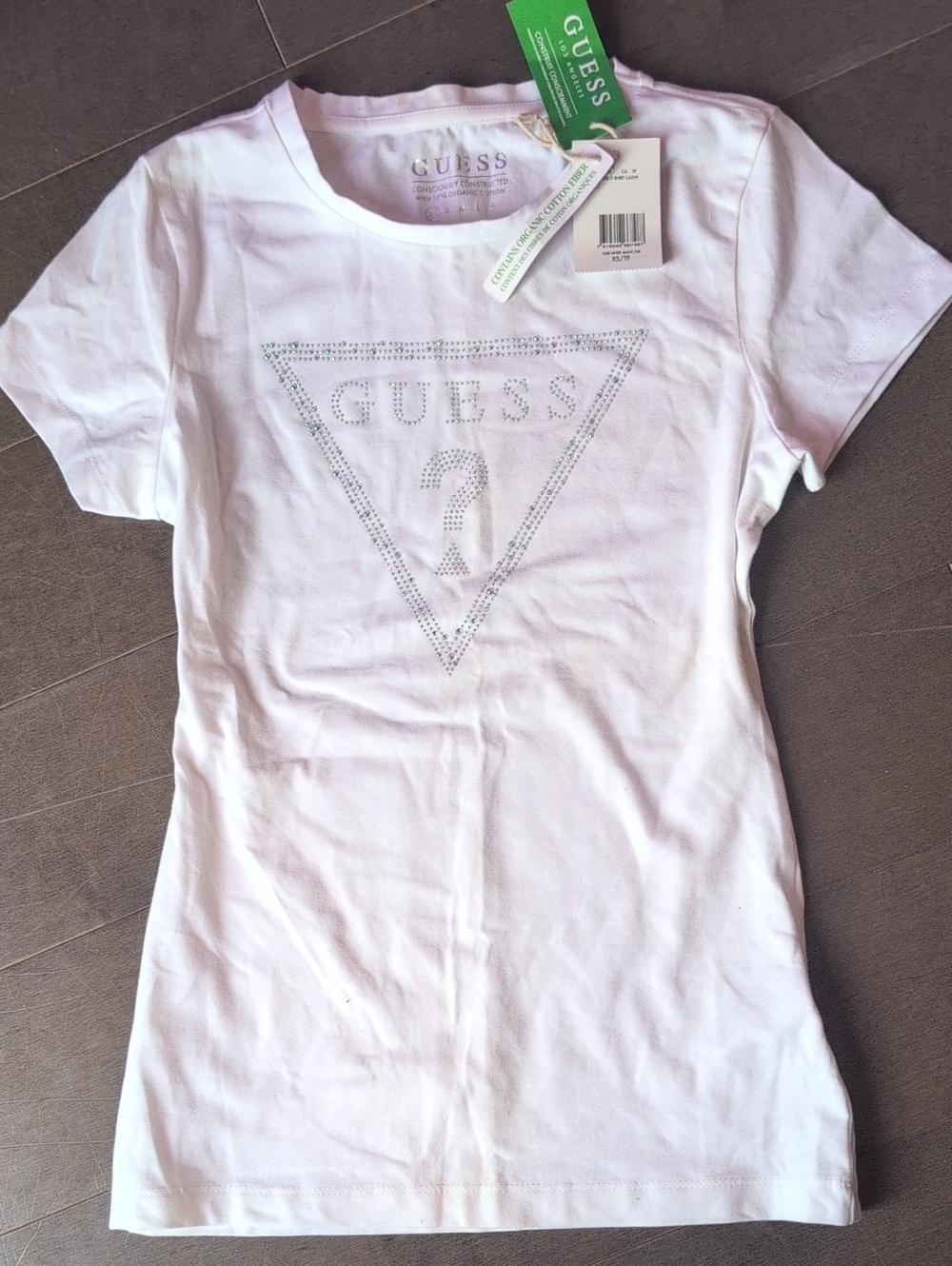 GUESS White Short Sleeve Tee with Crystal Logo